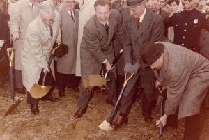 Groundbreaking at SBU, April 6, 1960. Pictured left to right: Frank C. Moore (Chairman, SUNY Board of Trustees) Governor Nelson Rockefeller Ward Melville J. Burch McMorran