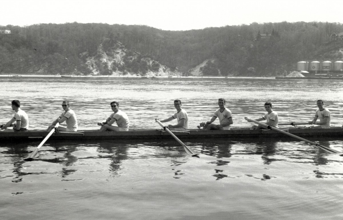 Stony Brook crew, 1962, rowing in Port Jefferson Harbor