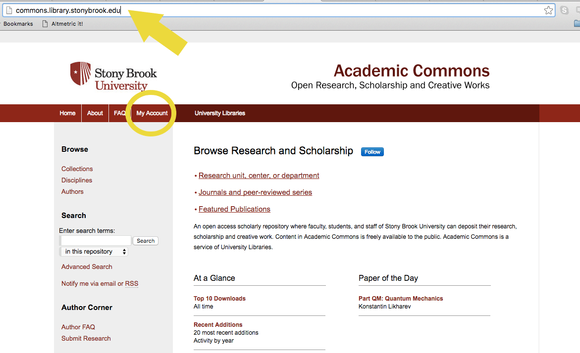 Screenshot of Academic Commons homepage with My Account circled and arrow pointing at URL in address bar