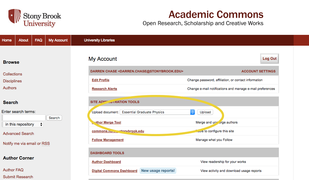 Screenshot of Academic Commons My Account page, with Site Administration Tools circled in middle of page