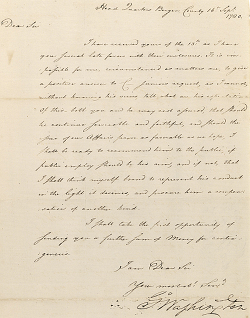 Manuscript letter signed “George Washington,” dated September 16, 1780