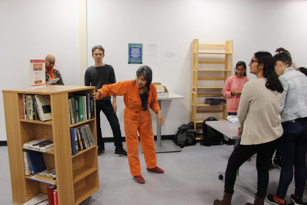 Prof. Nagasawa with rotating bookshelf