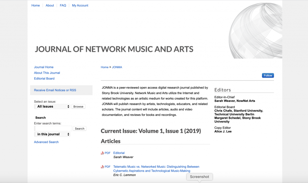 screenshot of Journal of Network Music and Arts landing page