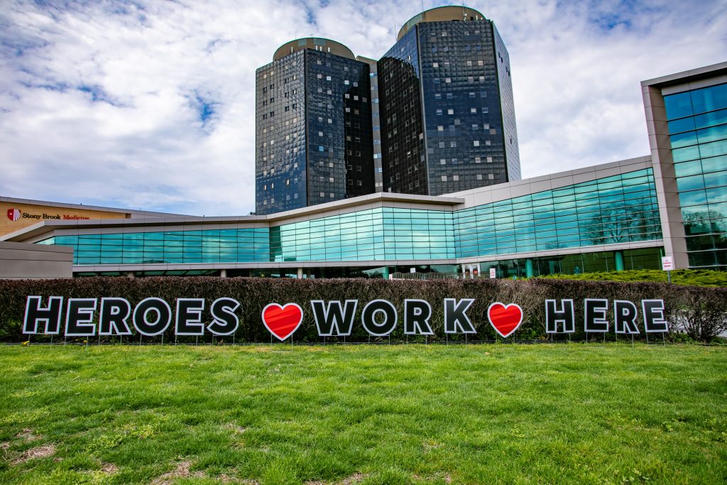 Stony Brook University Hospital, Stony Brook, NY. Signage outside of Stony Brook University Hospital. April 2020.  Credit: John Griffin/Stony Brook University. 