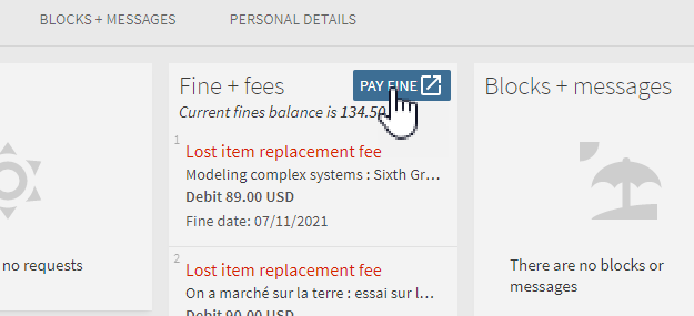 screenshot of library account page with cursor hovering over blue pay fine button