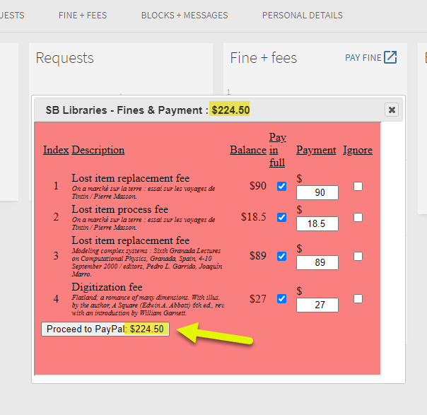 screenshot of fine dialog box with fine total highlighted in yellow and arrow pointing to white Proceed to Paypal button