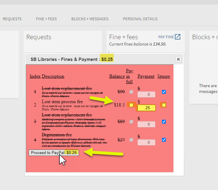 screenshot of fine dialog box with payment amount of $0.25 highlighted in yellow and arrows pointing at line item to be paid and Proceed to PayPal button