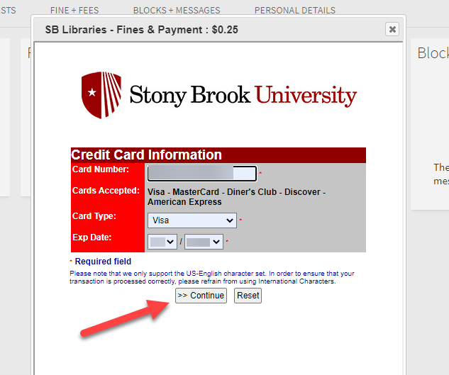 screenshot of credit card information panel with arrow pointing at Continue button