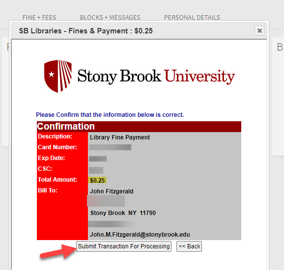 Screenshot of payment confirmation page with arrow pointing at Submit Transaction For Processing button