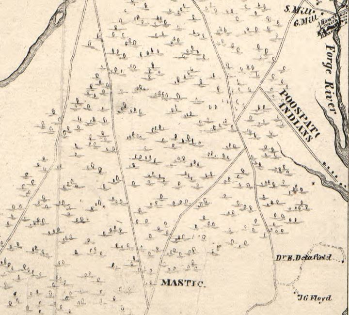Detail of territory of the Unkechaugi in the area of present day Mastic, New York. From Map of Suffolk County, L.I., N.Y. : from actual surveys. J. Chace. Philad'a [Philadelphia] : John Douglass, publisher, [1858]. Map in Special Collections, Stony Brook University Libraries.