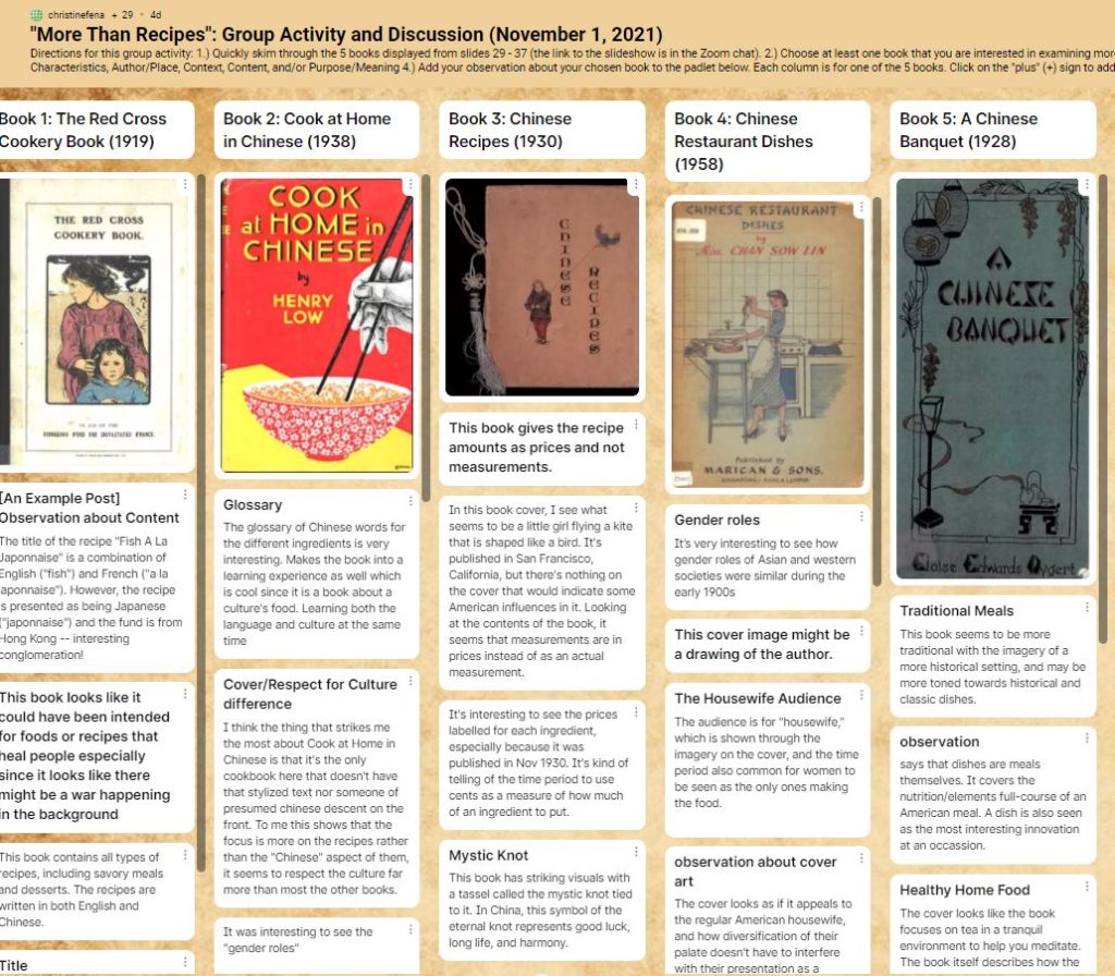 Padlet with commentary created by attendees of "More Than Recipes," November 1, 2021.