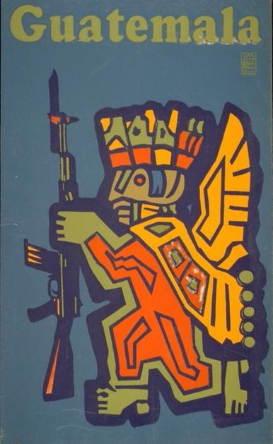 Print reading Guatemala with Ancient American art style-figure drawn holding bayonet