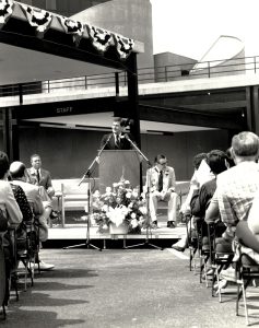 The hospital was formally dedicated on May 24, 1980. Pictured at the podium is SBU President-designate John H. Marburger III. Source: University Archives. 