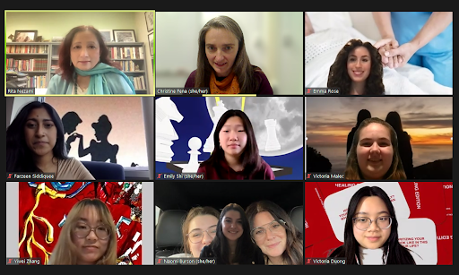 Zoom screenshot photo of Dr. Rita Nezami and some students who read at the event: Emma Rose, Farzeen Siddiquee, Emily Shi, Victoria Malec, Yiwei Zhang, Naomi Burson, and Victoria Duong