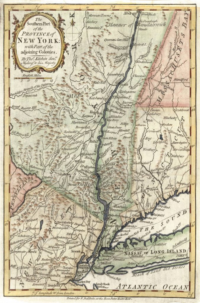 Map of the Southern Part of the Province of New York with Part of the Adjoining Colonies by Thomas Kitchin, Senr., hydrographer to His Majesty. Covers southeastern New York State, as far north as Albany, with portions of adjacent states. Original published for the London Magazine, 1778.