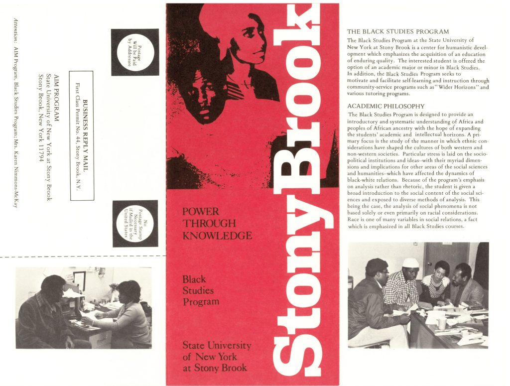 SBU Black Studies trifold program brochure, undated,  from the collections of the University Archives, Stony Brook University Libraries  