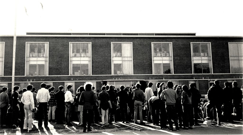  Student strike outside of the library, May 1969, from the collections of the University Archives, Stony Brook University Libraries 