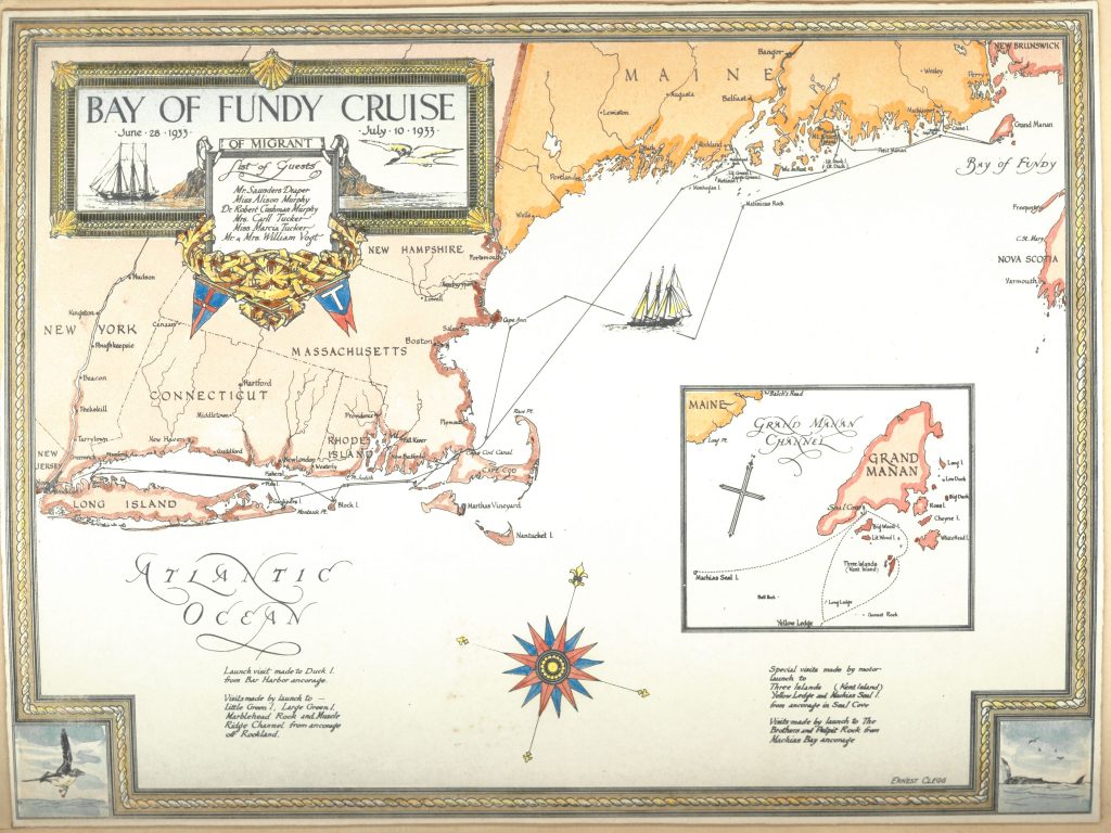 Map from Robert Cushman Murphy’s journal about a cruise between Long Island and the Bay of Fundy on the three-masted schooner Migrant from June 28, 1933 to July 10/11, 1933. The Bay of Fundy is a bay between the Canadian provinces of New Brunswick and Nova Scotia.
