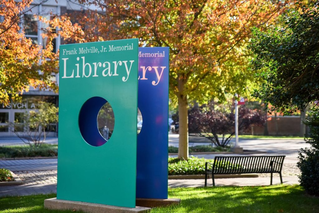 Library Book Steel Sculpture. Designed by famed graphic designer Milton Glaser, this steel structure is installed outside of the Frank Melville, Jr. Memorial Library and faces the academic mall.