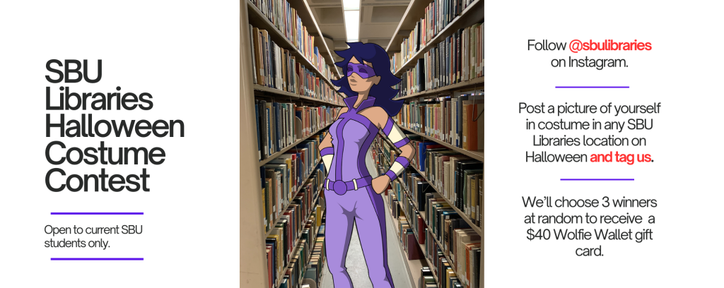 Cartoon image of a woman in a generic superhero costume superimposed on a photo of an aisle flanked by shelves of library books.