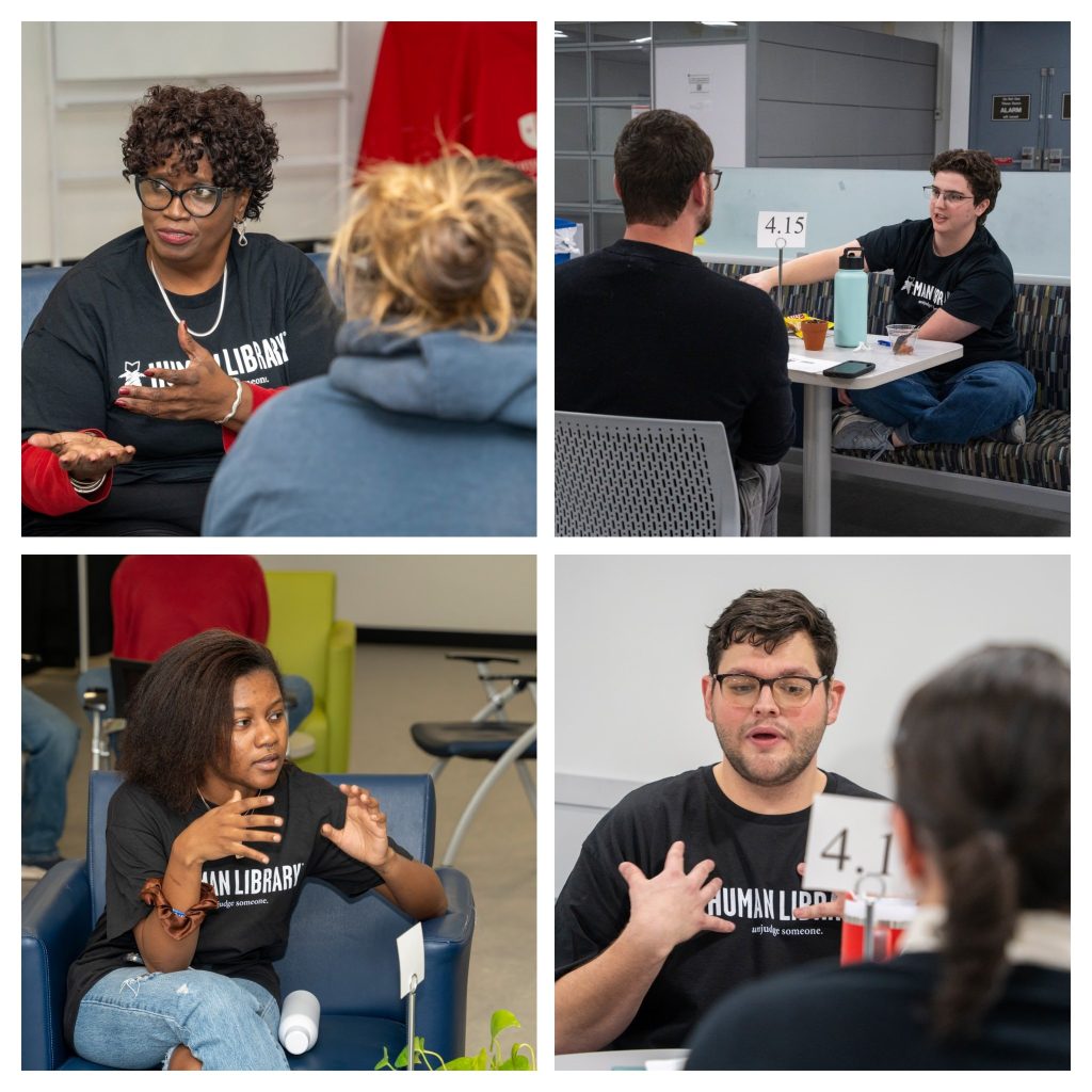 Collage showing four different people talking.