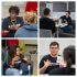 AI: Six library scene photos people on blue or green chairs wearing black LibroTime shirts holding books or coffee (AI-generated alt-text)