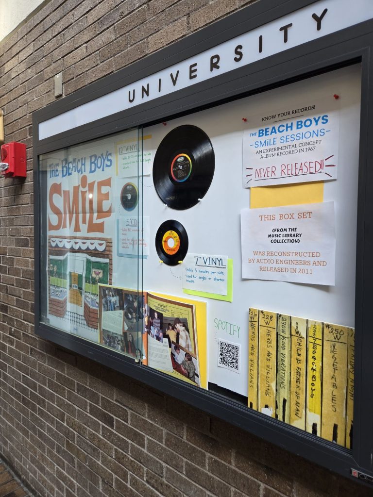 Display case featuring vinyl records and posters.