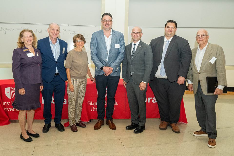 The Javits family and discussion panelists. Pictured left to right: Joy, Joshua, and Carla Javits (children of Senator Javits and Marian B. Javits); Professor Reuben Kline; New York State Assemblyman Edward Ra (R-Franklin Square); Reed Howard (Future Caucus); and Jud Sommer (Executive Assistant to Senator Javits). Photo credit: Kristy Leibowitz, Stony Brook University.