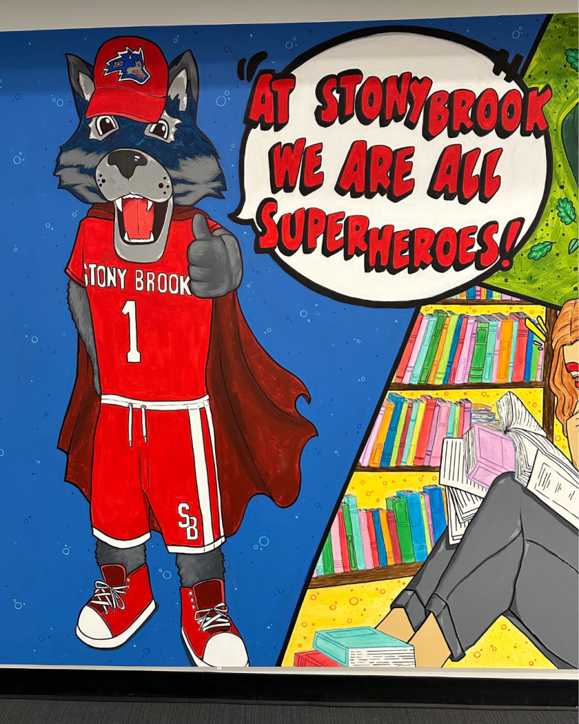 Wolfie mascot as a superhero.