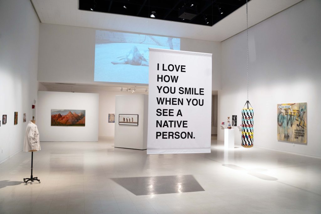 Installation photo of Weaving Words, Weaving Worlds: The Power of Indigenous Language in Contemporary Art at the Zuccaire Gallery, Stony Brook University. Photo by Amber Lewis