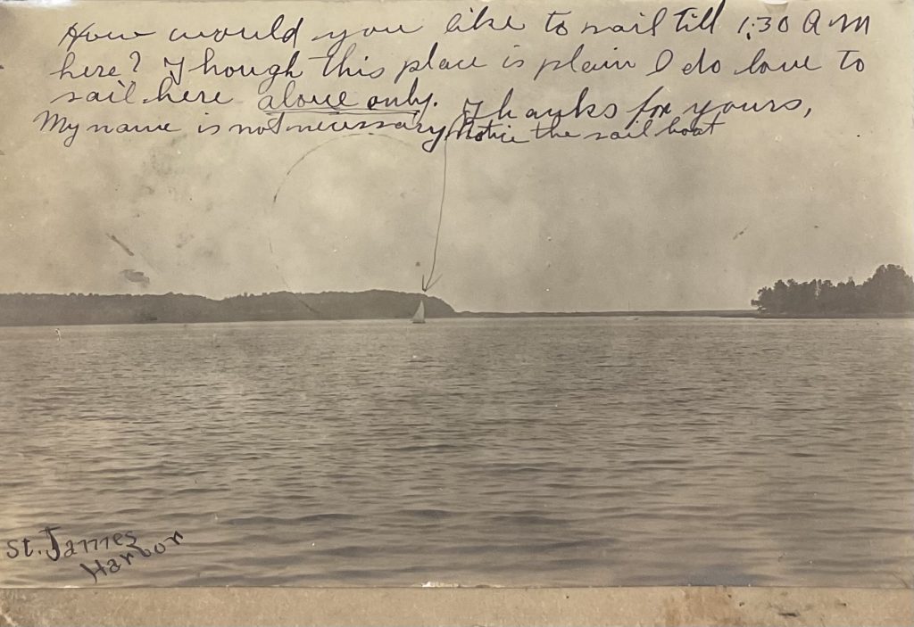 Postcard with image of “St. James Harbor,” New York from the Tuttle Hawkins Postcard Collection, Special Collections, SBU Libraries.