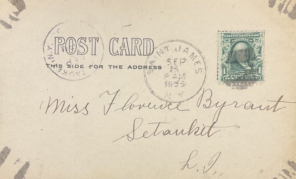 Address side of the postcard "St. James Harbor," New York from the Tuttle Hawkins Postcard Collection, Special Collections, SBU Libraries.