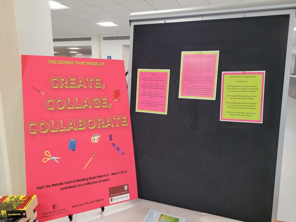 Photo of poster that reads "Create, Collage, Collaborate" and a bulletin board with details on how to participate in the collage effort. 