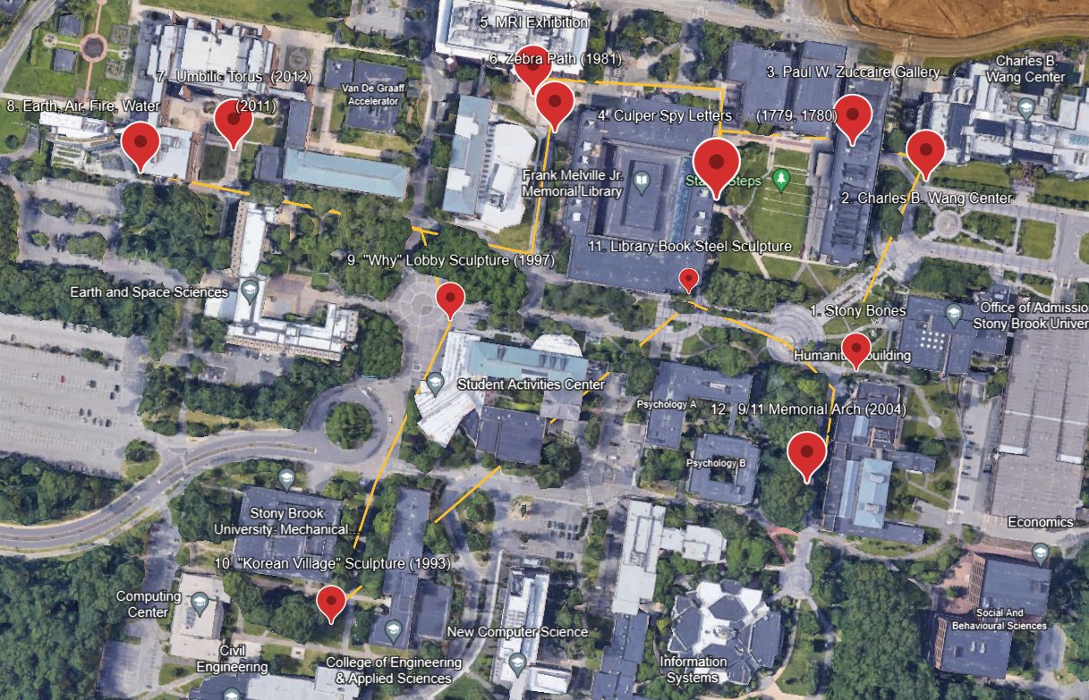 SBUnique tour map of Stony Brook University's main campus